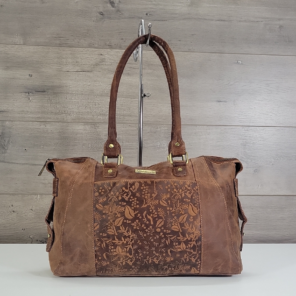 Valenchi Brown Leather Floral Embossed Tote Bag